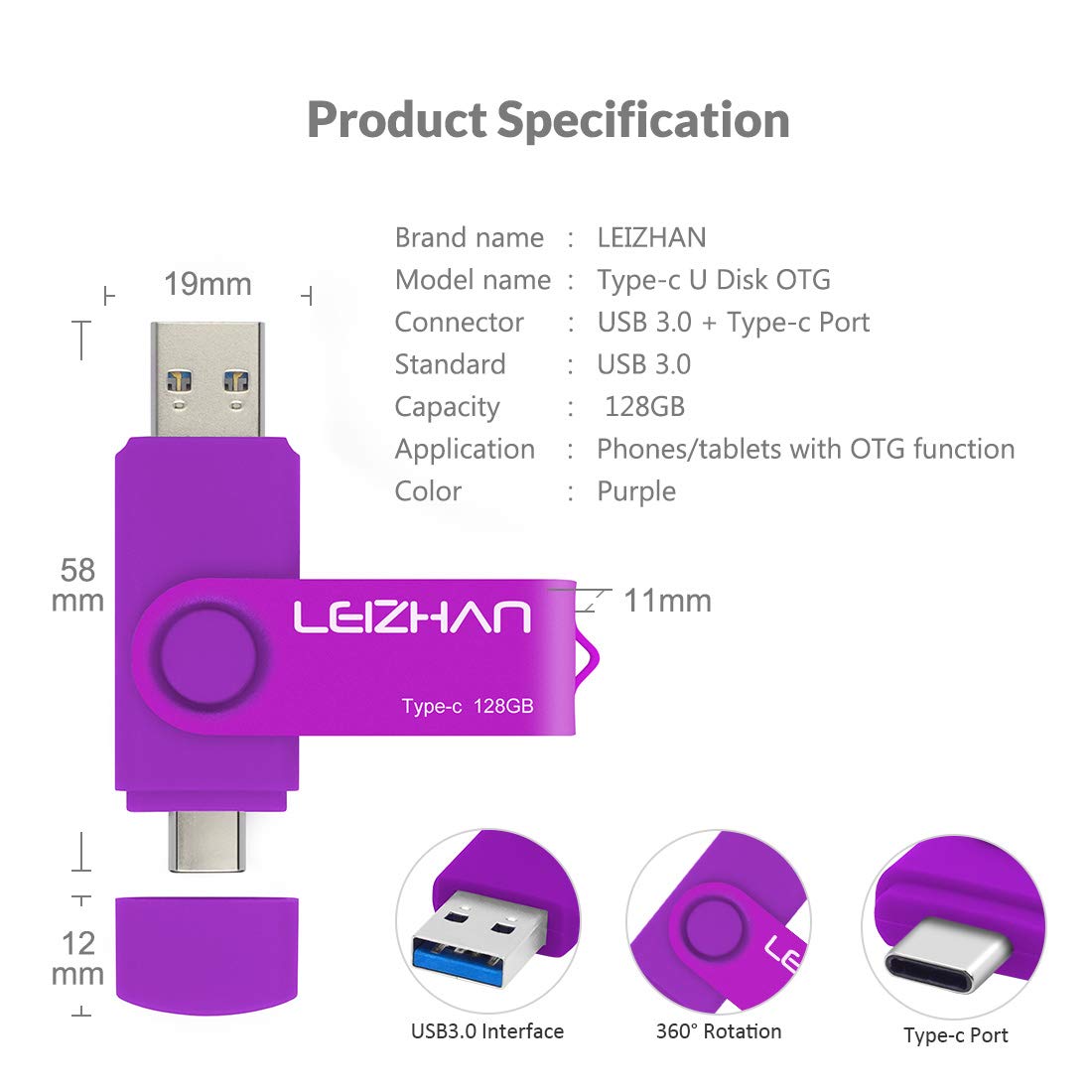 Leizhan 128GB USB Flash Drive USB 3.0 Type C for Samsung Galaxy S10 S9 Note 9 S8 Google Pixel XL Purple Picture Stick - View 6 of 6
