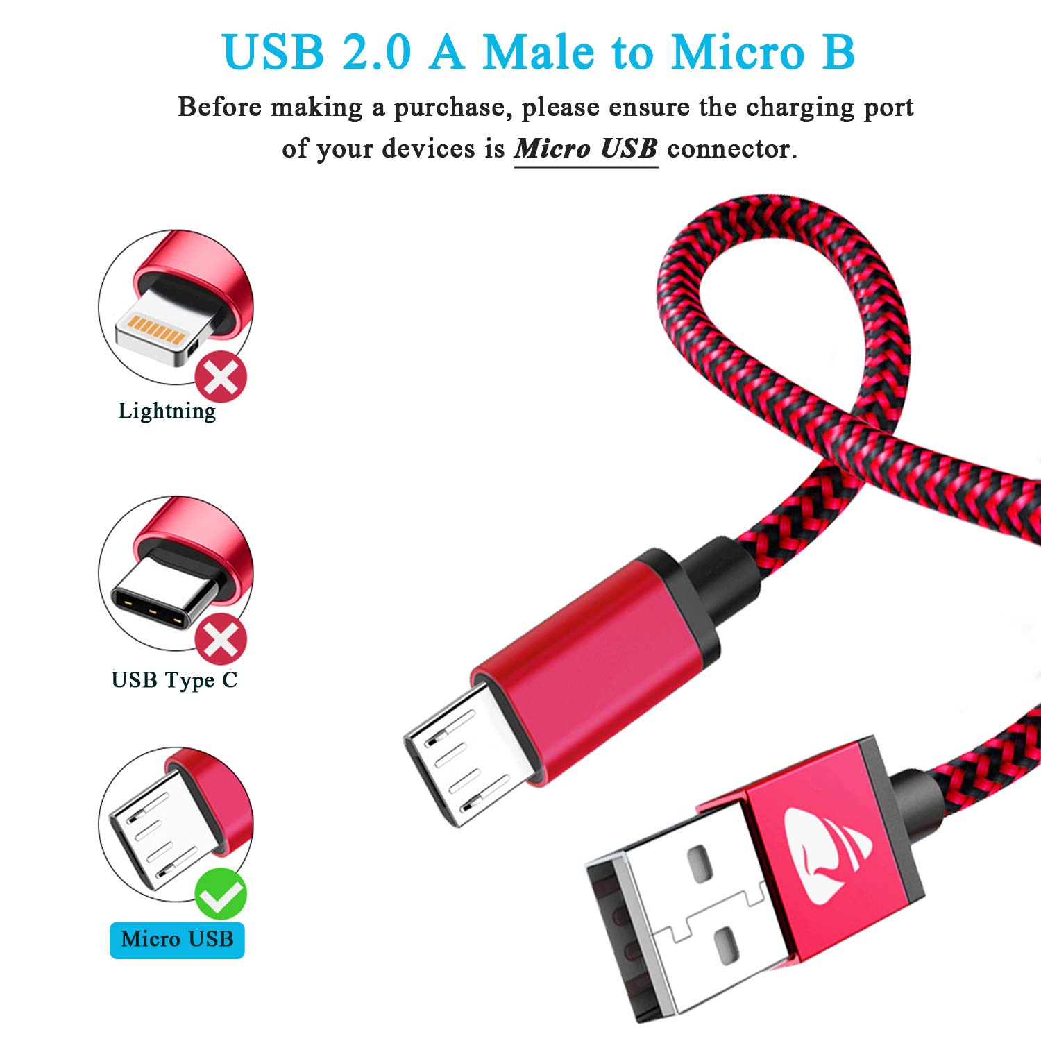 Aioneus Aioneus Micro USB Cable Fast Charging Cord 4Pack 2FT 3FT 5FT 6FT Compatible with Samsung Galaxy LG Kindle Tablet PS4 - View 2 of 8