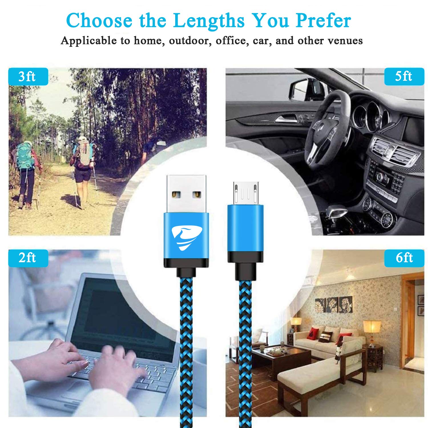 Aioneus Aioneus Micro USB Cable Fast Charging Cord 4Pack 2FT 3FT 5FT 6FT Compatible with Samsung Galaxy LG Kindle Tablet PS4 - View 7 of 8