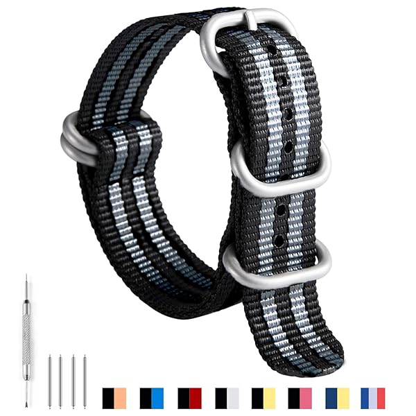 BINLUN BINLUN Premium Nylon Watch Strap Thick Multicolor Bands for Men Women 18mm to 24mm with Heavy Duty Stainless Steel Buckle Black Grey Silver 23mm - View 2 of 7