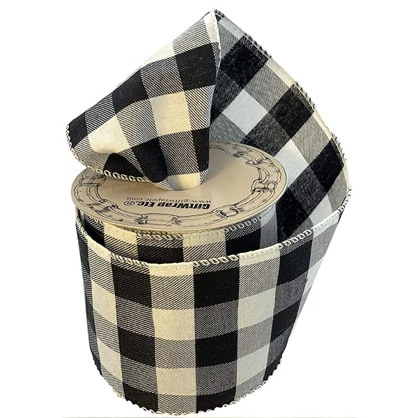 GiftWrap Etc. Black White Buffalo Plaid Ribbon 4 Inch x 10 Yards Wired Edge for Christmas Tree Fall Halloween Rustic Farmhouse Wreath Craft Gifts