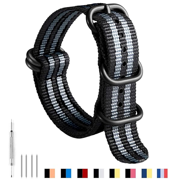 BINLUN BINLUN Premium Nylon Watch Strap Thick Multicolor Bands for Men Women 18mm to 24mm with Heavy Duty Stainless Steel Buckle Black Grey-Black - View 2 of 7