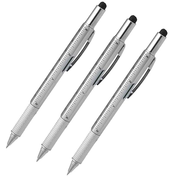 AIYIBEN 7-in-1 Multi-Tool Stylus Pen Set: Touchscreen, Ballpoint, Ruler & Screwdrivers (3 Pack Silver) - Perfect for Every Task!
