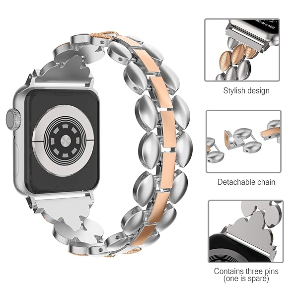 Moolia Moolia Elegant Metal Strap for Apple Watch 42mm 44mm 45mm 46mm 49mm Fashion Bracelet Replacement for Women Rose Silver - View 4 of 6