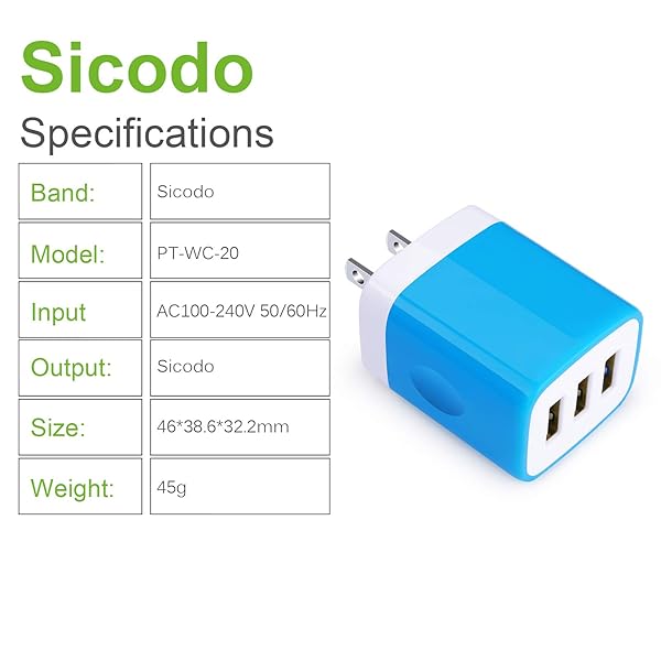 Sicodo Sicodo 3-Port Travel USB Wall Charger 5 Pack 3.1A Block Adapter Compatible with iPhone iPad Samsung and Other USB Devices - View 6 of 7