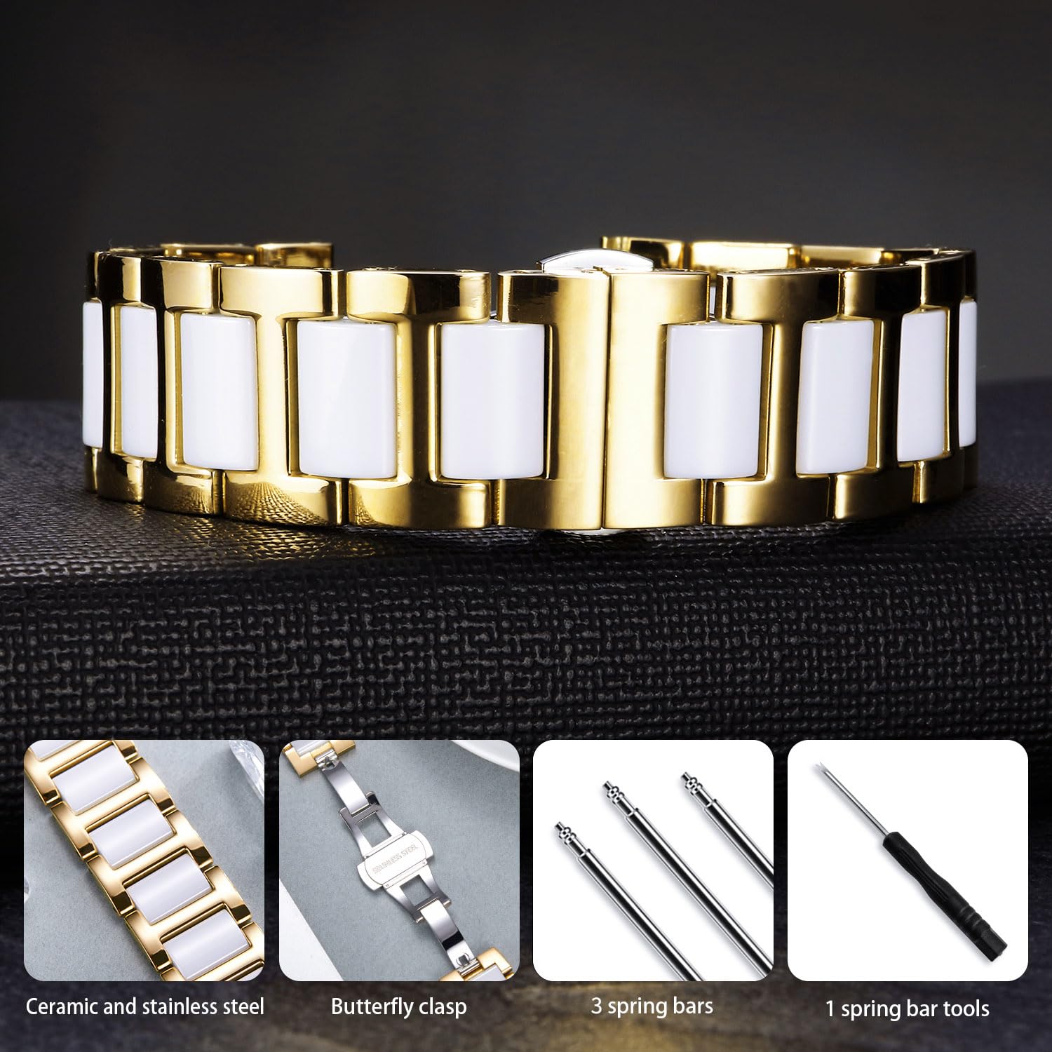 BINLUN BINLUN Women's Watch Band Stainless Steel Ceramic Replacement Bracelet Polished Strap 12mm to 22mm with Butterfly Buckle in 6 Colors - View 2 of 9