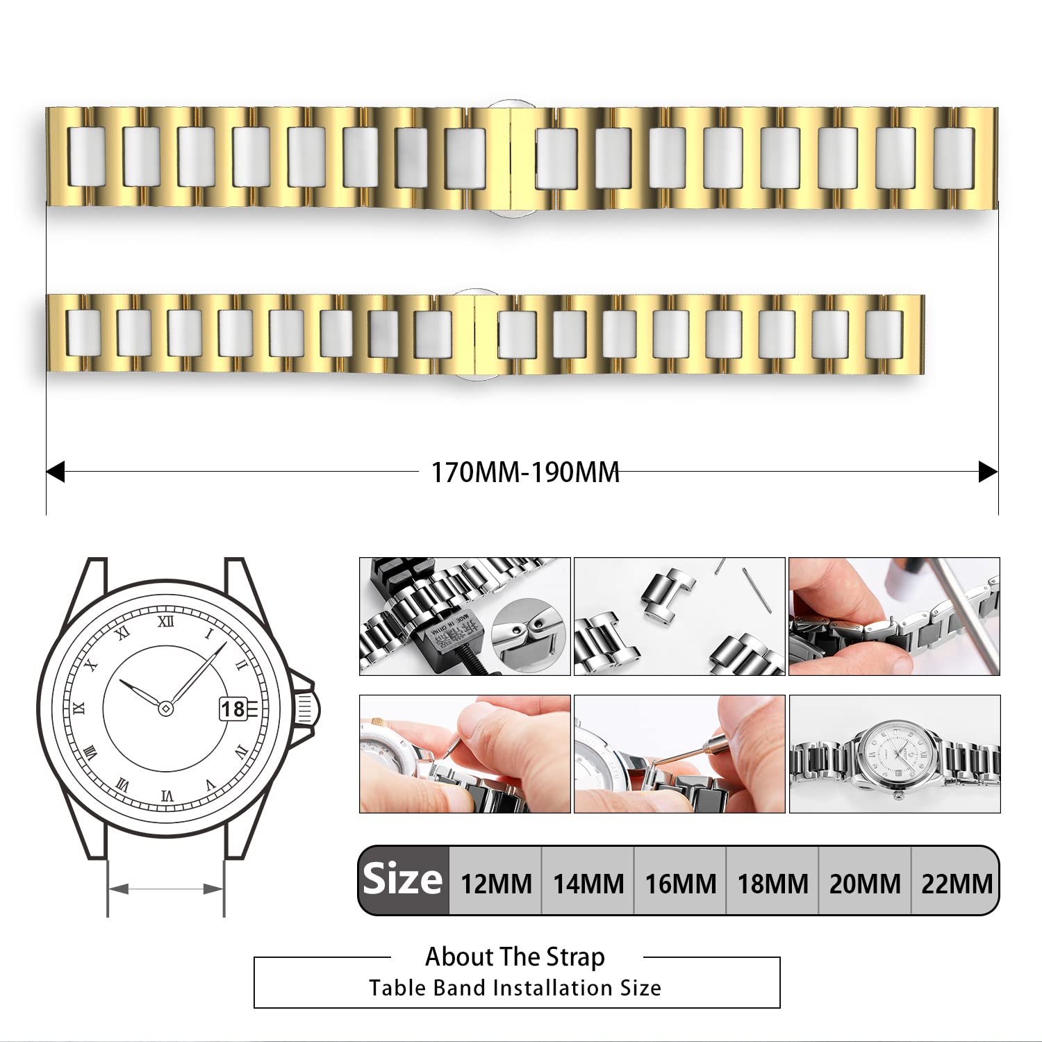 BINLUN BINLUN Women's Watch Band Stainless Steel Ceramic Replacement Bracelet Polished Strap 12mm to 22mm with Butterfly Buckle in 6 Colors - View 3 of 9