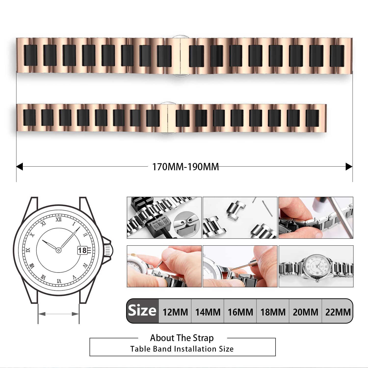 BINLUN BINLUN Men's Watch Band Stainless Steel Ceramic Replacement Bracelet Polished Strap 12mm to 22mm with Butterfly Buckle in 6 Colors - View 3 of 9