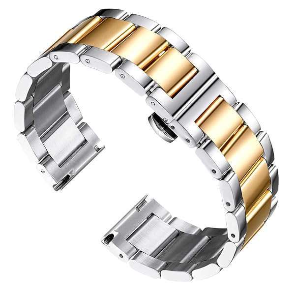 BINLUN Thick Stainless Steel Watch Band Metal Heavy Polished Matte Brushed Finish Watch Strap Replacement for Men Women 16mm/18mm/20mm/21mm/22mm/23mm/24mm/26mm(Polished Silver and Gold,24mm)