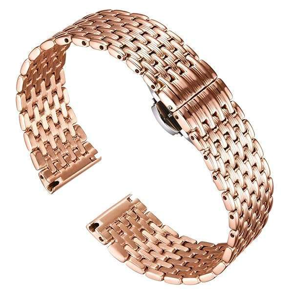 BINLUN Ultra Thin Mesh Stainless Steel Watch Band - 16mm Rose Gold Replacement Strap for Men & Women with Butterfly Buckle