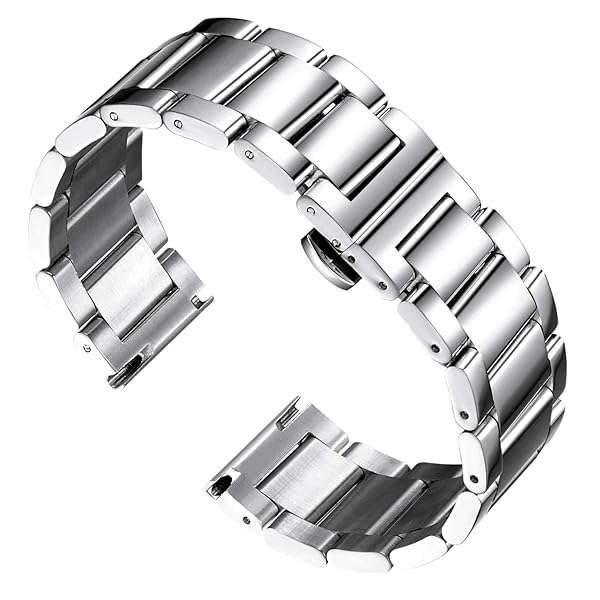 BINLUN Thick Stainless Steel Watch Band - Polished Silver Replacement Strap for Men & Women (18mm, 16-26mm Options)