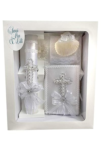 Pink Princess Swea Pea Lilli White Pearl Cross Baptism Candle Set Kit for Christenings and Shell in Spanish