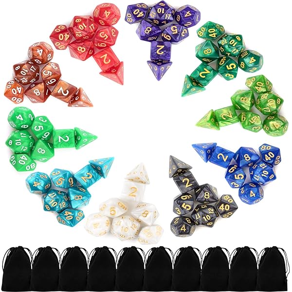 Awpeye 10 X 7 Polyhedral Dice Set 70 Pieces for Dungeons and Dragons DND RPG MTG Table Games with 10 Black Bags and 10 Color Options