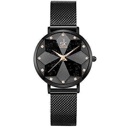 SHENGKE SHENGKE Creative Starry Sky Women Watch with Stainless Steel Mesh Band Genuine Leather Elegant Women Watches (Starry-Mesh Band-Black)