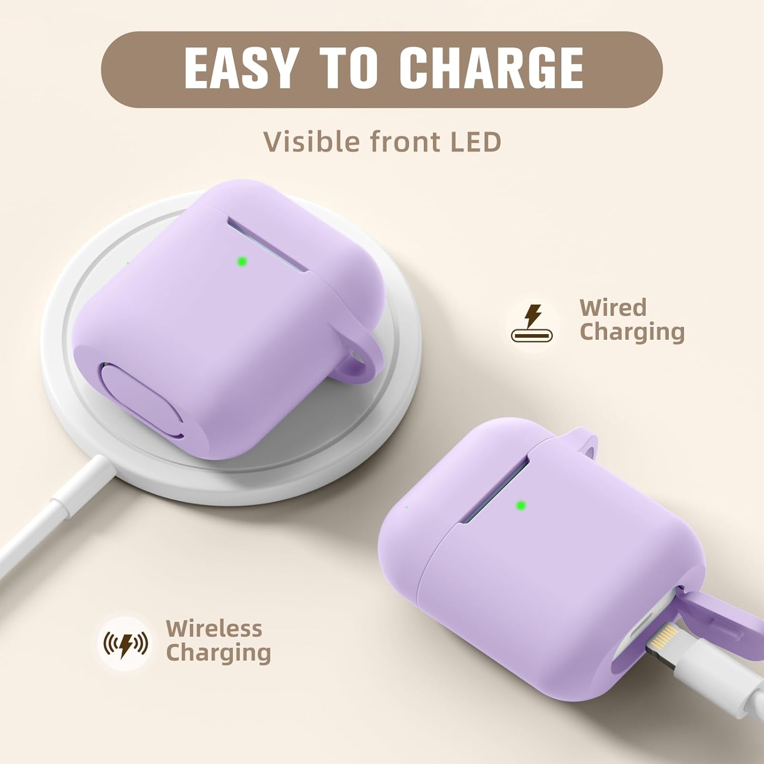 Hamile Hamile Soft Silicone AirPods Case Cover with Keychain for AirPod 1 and 2 Front LED Visible Lavender Color for Men Women and Kids - View 5 of 9