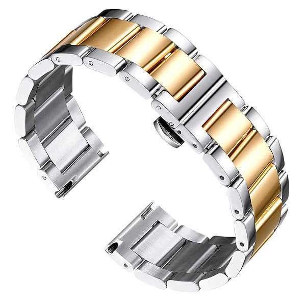BINLUN Thick Stainless Steel Watch Band - Polished & Matte Finish, 20mm Replacement Strap for Men & Women