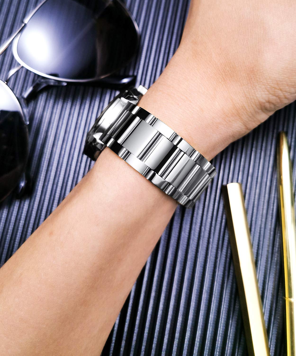 BINLUN BINLUN Thick Stainless Steel Watch Band Replacement for Men Women 16mm to 26mm Polished Silver Matte Brushed Finish - View 5 of 9