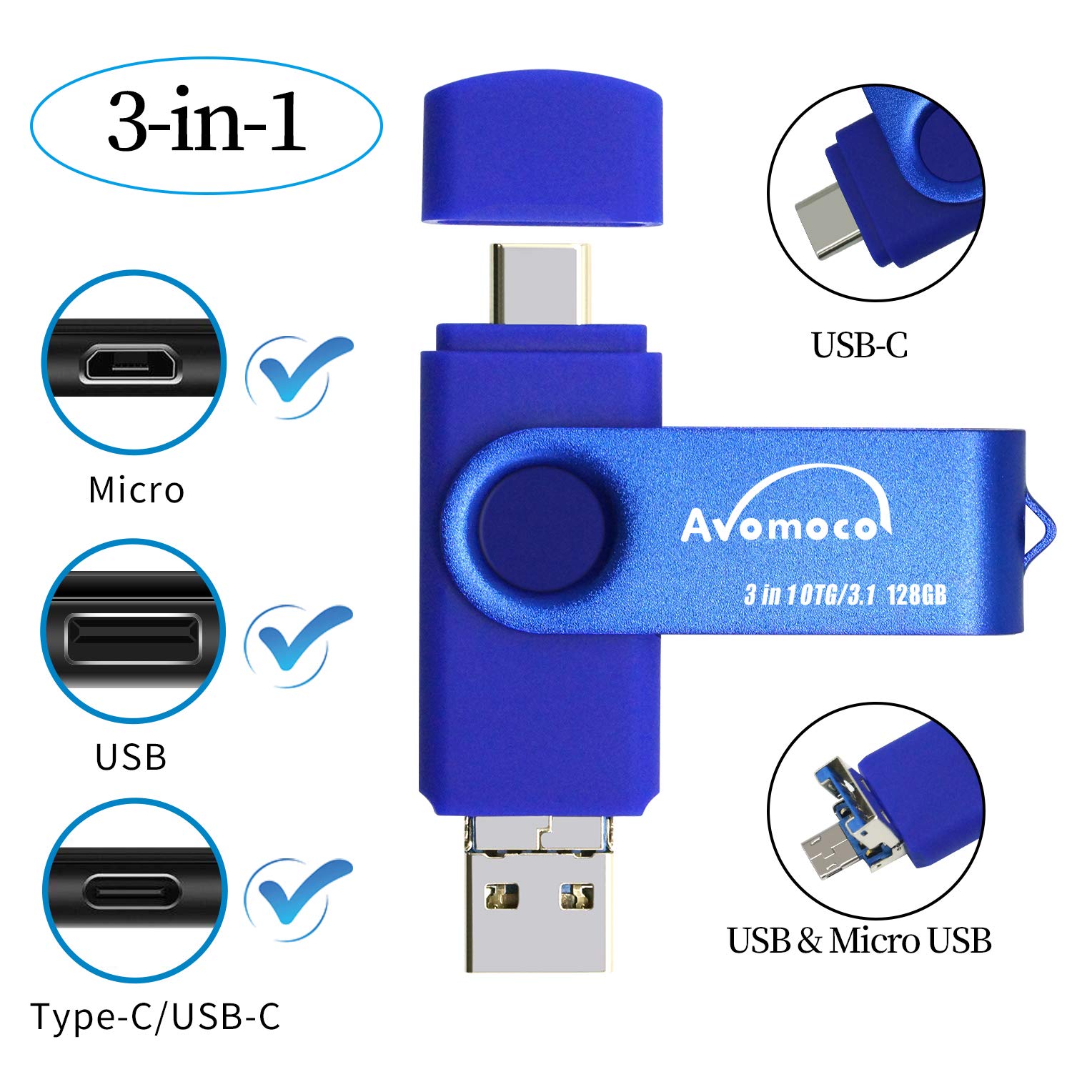 AVOMOCO AVOMOCO 3.1 256GB High Speed Photo Backup Flash Drive for Android Phones Tablets and PCs with Type C and Micro Port