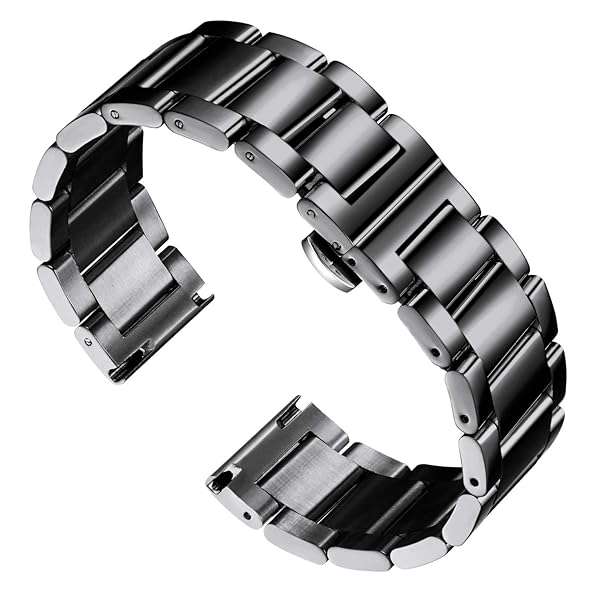 BINLUN Thick Stainless Steel Watch Band - Polished Black Replacement Strap for Men & Women (16mm, 18mm, 20mm, 22mm)