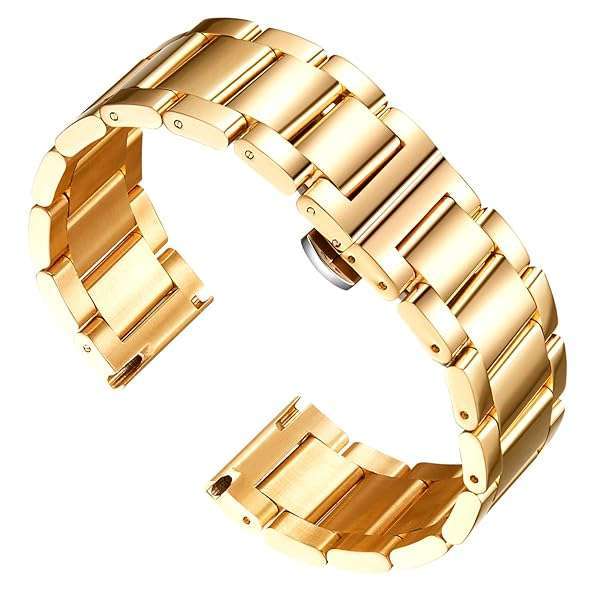 BINLUN Thick Stainless Steel Watch Band - Polished Gold Replacement Strap for Men & Women (16mm, 18mm, 20mm, 22mm)