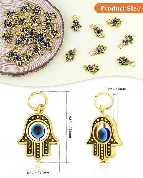 JIALEEY JIALEEY 30PCS Antique Golden Hamsa Hand and Evil Eye Charms for DIY Jewelry Making Necklace and Bracelet Findings - View 2 of 7