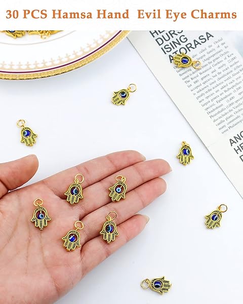 JIALEEY JIALEEY 30PCS Antique Golden Hamsa Hand and Evil Eye Charms for DIY Jewelry Making Necklace and Bracelet Findings - View 3 of 7