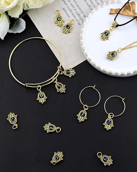 JIALEEY JIALEEY 30PCS Antique Golden Hamsa Hand and Evil Eye Charms for DIY Jewelry Making Necklace and Bracelet Findings - View 6 of 7