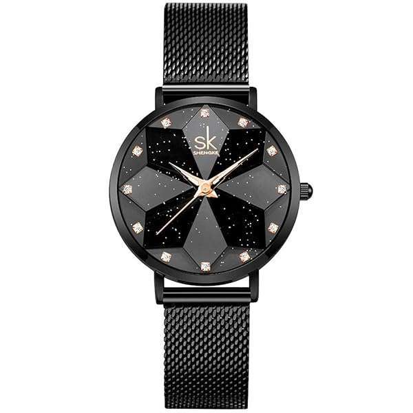 SHENGKE SHENGKE SK Creative Design Starry Star Women Watch with Genuine Leather Stainless Steel Mesh Band (Starry-MESH Band-Black)