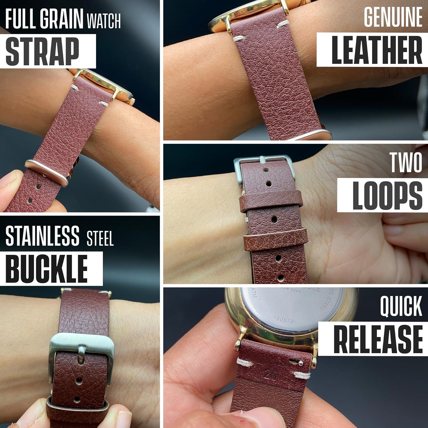 STUNNING SELECTION Alpine Genuine Vintage Leather Watch Strap 20mm Quick Release Full Grain Leather Band for Men and Women Brown Compatible with All Watches - View 2 of 7