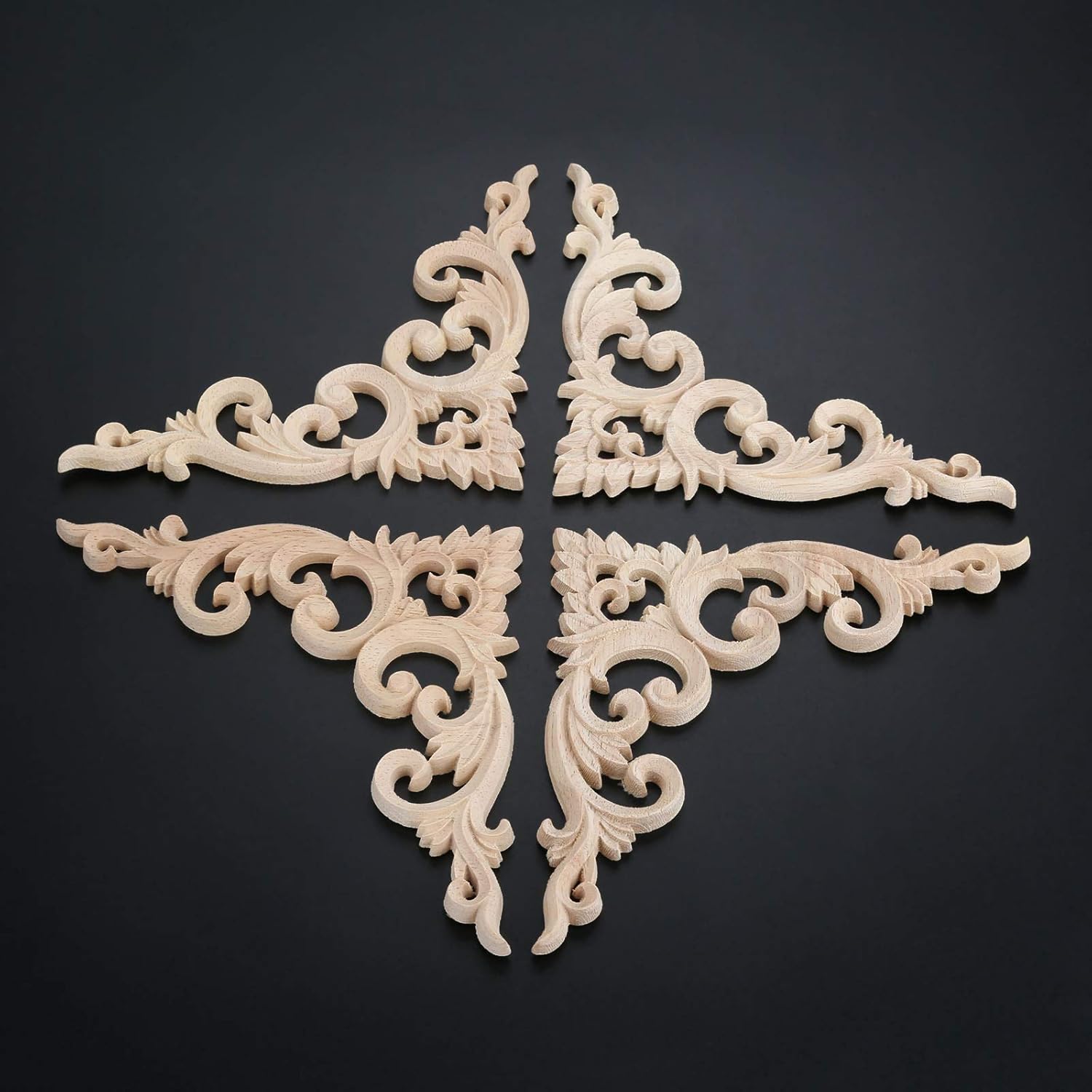 MUXSAM MUXSAM 4Pcs Decorative Wood Appliques - Unpainted DIY Retro Corner Carvings for Furniture & Home Decor (15x15cm) - View 3 of 9