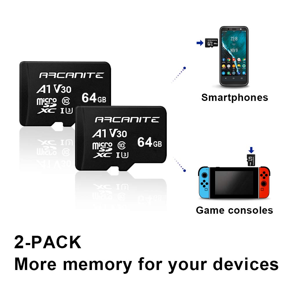 ARCANITE 2-Pack 64GB microSDXC Memory Card A1 UHS-I U3 V30 4K C10 High Speed Optimal Read Speeds Up to 90 MB/s - View 4 of 6