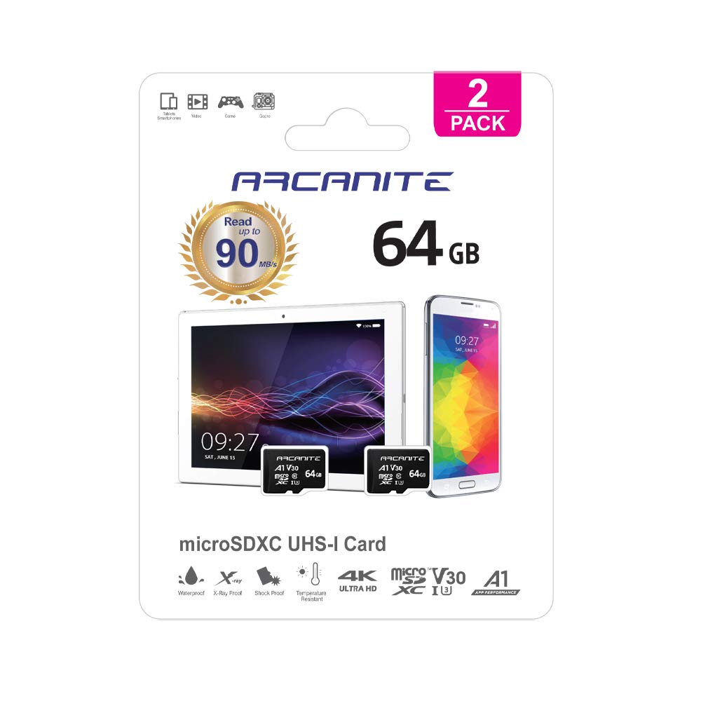 ARCANITE 2-Pack 64GB microSDXC Memory Card A1 UHS-I U3 V30 4K C10 High Speed Optimal Read Speeds Up to 90 MB/s - View 5 of 6