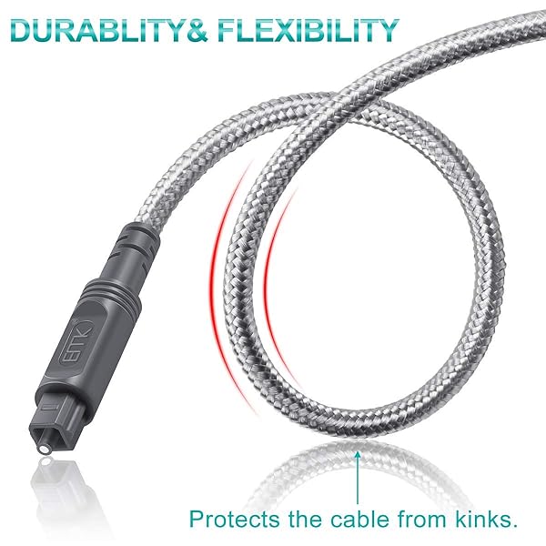 EMK EMK 26Ft Digital Optical Audio Toslink Cable Nylon Braided Durable Flexible Fiber Optic Cord for Home Theater Sound Bar TV PS4 Xbox - View 6 of 7