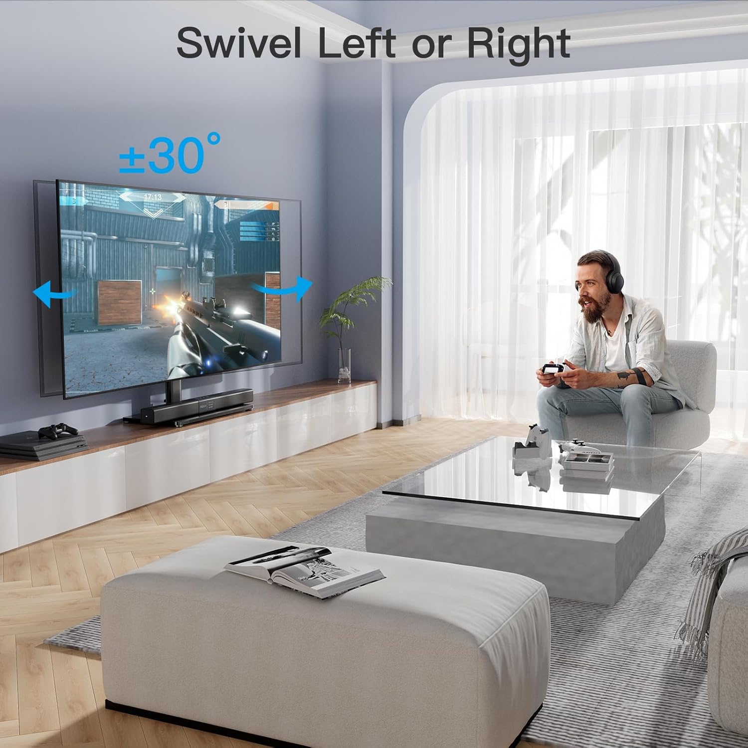 PERLESMITH "PERLESMITH Swivel Universal TV Stand for 32-60" TVs - Adjustable Height, Tempered Glass Base, VESA 400x400mm, Holds 88lbs" - View 5 of 8