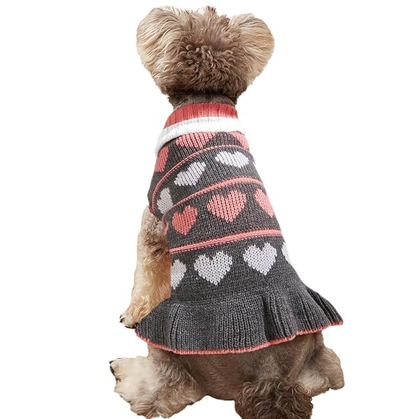 JECIKELON Jecikelon Pet Dog Long Sweater Dress Knitwear Turtleneck Pullover Warm Winter Puppy Sweater Grey Heart Small