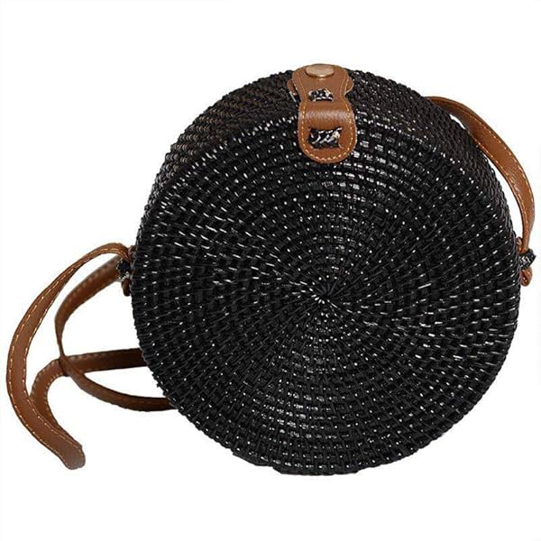 Kbinter Handmade Kbinter Round Rattan Bag for Women - Chic Boho Shoulder Purse with Leather Straps, Black, Large