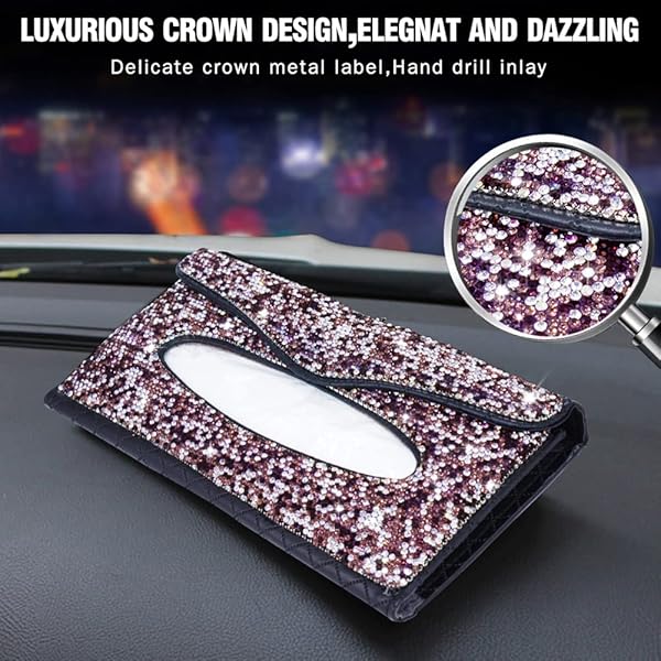 eing Car Sun Visor Tissue Box Holder Bling Crystal PU Leather Backseat Tissue Case for Women Purple 1 Pack - View 2 of 6