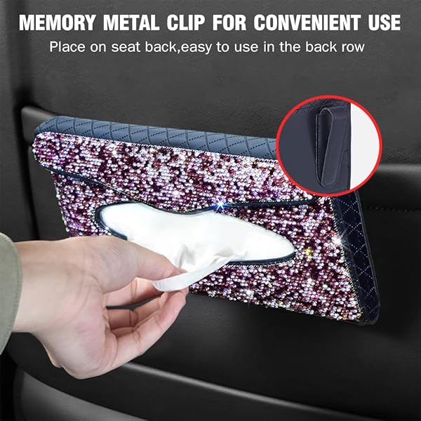 eing Car Sun Visor Tissue Box Holder Bling Crystal PU Leather Backseat Tissue Case for Women Purple 1 Pack - View 4 of 6