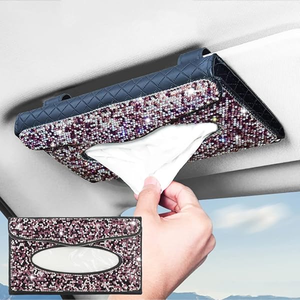 Car Sun Visor Tissue Box Holder Bling Crystal PU Leather Backseat Tissue Case for Women Purple 1 Pack