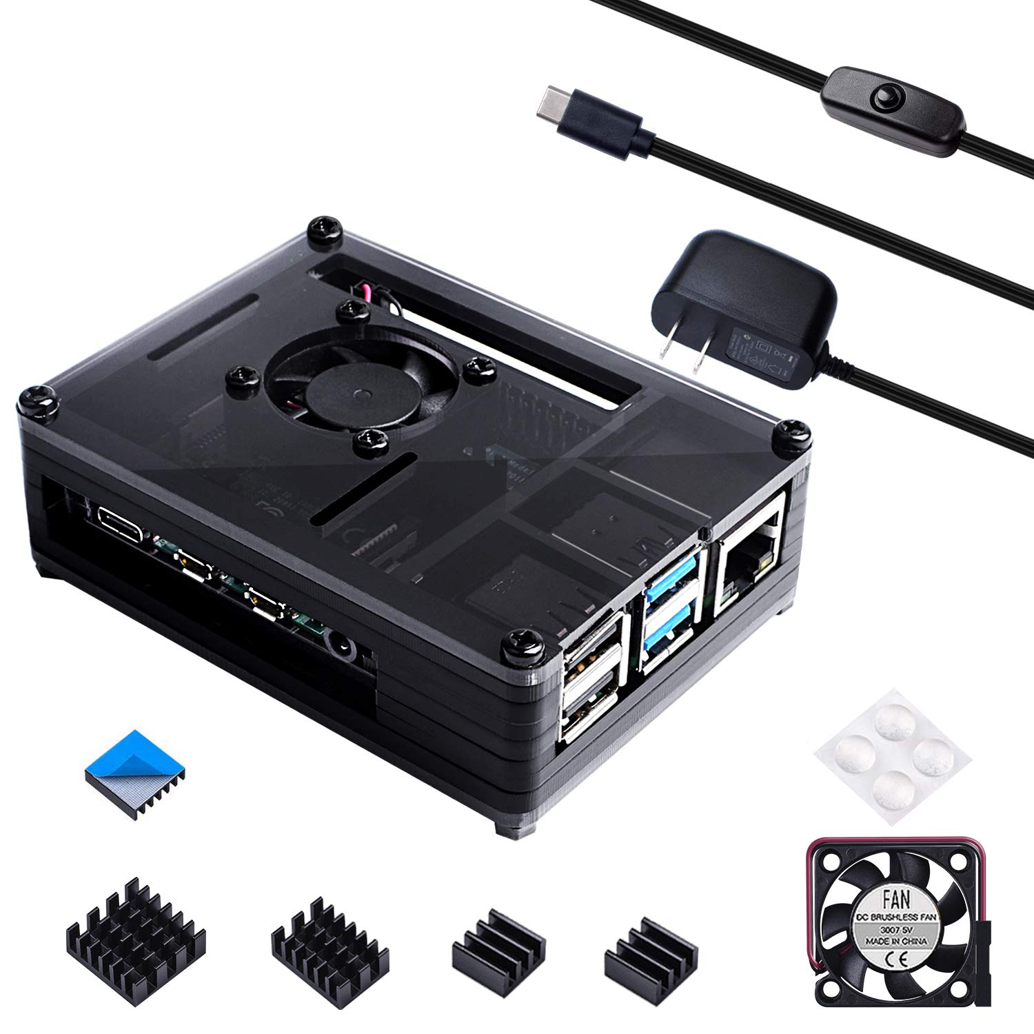 Smraza Smraza Raspberry Pi 4 Case with Cooling Fan and Heatsinks USB-C Power Supply for Raspberry Pi 4 Model B Black
