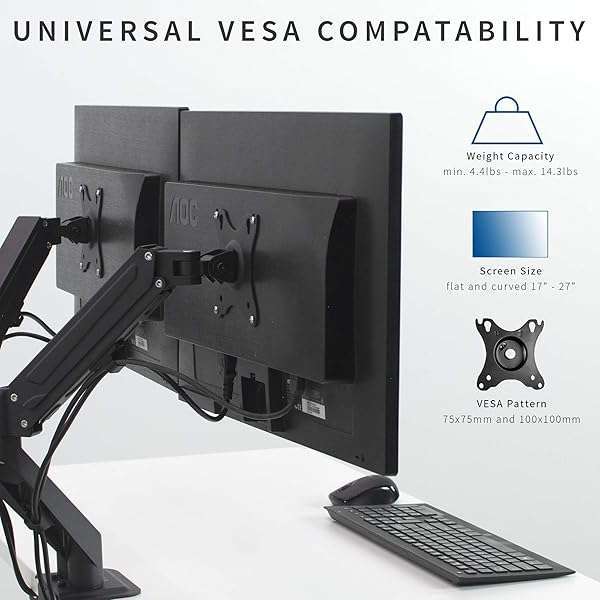 VIVO "VIVO Dual Monitor Arm for 17-27" Screens - Adjustable Desk Mount Stand, Tension Spring, Black - STAND-V102O" - View 5 of 11