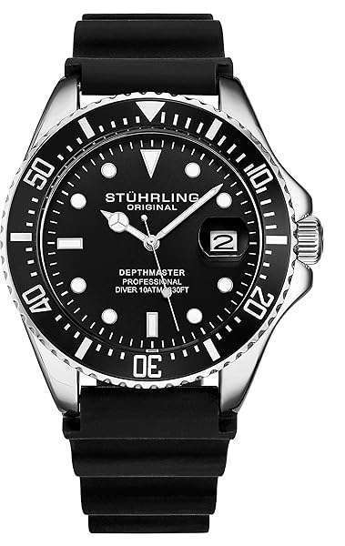 Stuhrling Original Stuhrling Original Men's Dive Watch - 42mm Silver Case, Screw Down Crown, 330FT Water Resistant, Black Rubber Strap