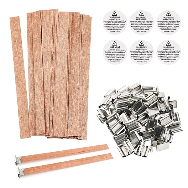 BENBO 154Pcs Smokeless Wooden Candle Wicks with Iron Stands & Labels for DIY Candle Making - BENBO 5.1x0.5 Inch Craft Supplies