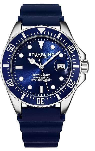 Stuhrling Original Stuhrling Original Men's Watch Dive Watch Silver 42 MM Case with Screw Down Crown Rubber Strap Water Resistant to 330 FT (Black)