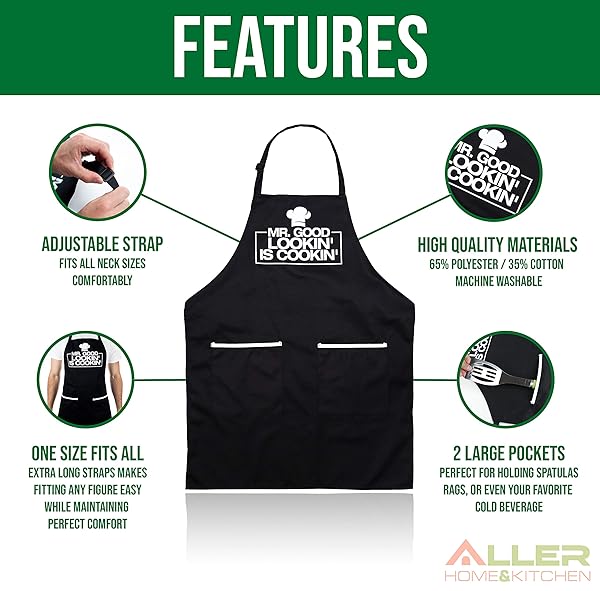ALLER HOME&KITCHEN Funny Chef Apron for Men Humorous Cooking Apron with Adjustable Straps Deep Pockets Water Stain Resistant Perfect for Gifts - View 2 of 6