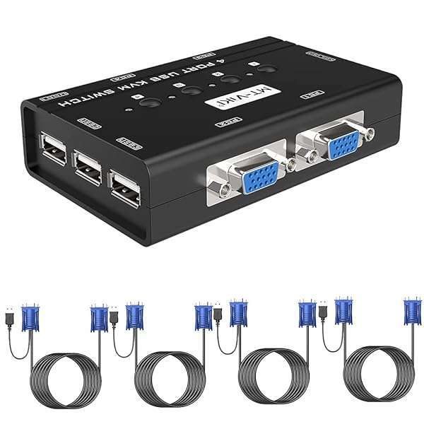 MT-VIKI MT-VIKI 4 Port KVM Switch: Share 4 PCs with 1 Monitor, Keyboard & Mouse - Includes 4 VGA Cables & USB Hub - View 8 of 10
