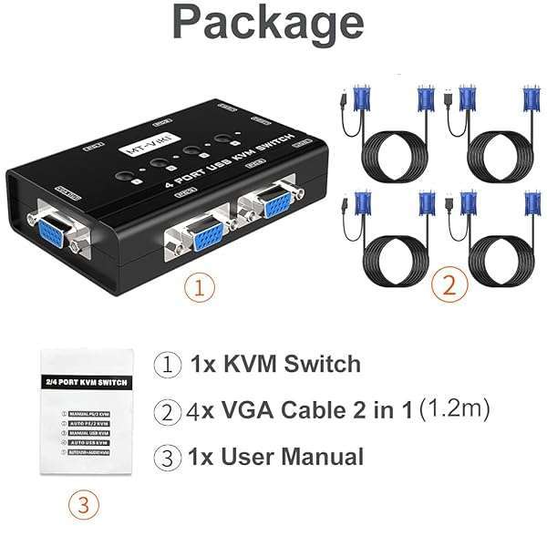 MT-VIKI MT-VIKI 4 Port KVM Switch: Share 4 PCs with 1 Monitor, Keyboard & Mouse - Includes 4 VGA Cables & USB Hub - View 10 of 10