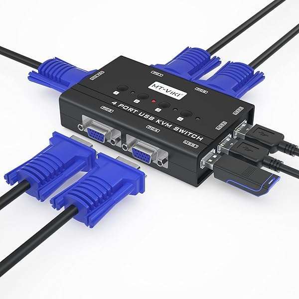 MT-VIKI MT-VIKI 4 Port KVM Switch: Share 4 PCs with 1 Monitor, Keyboard & Mouse - Includes 4 VGA Cables & USB Hub