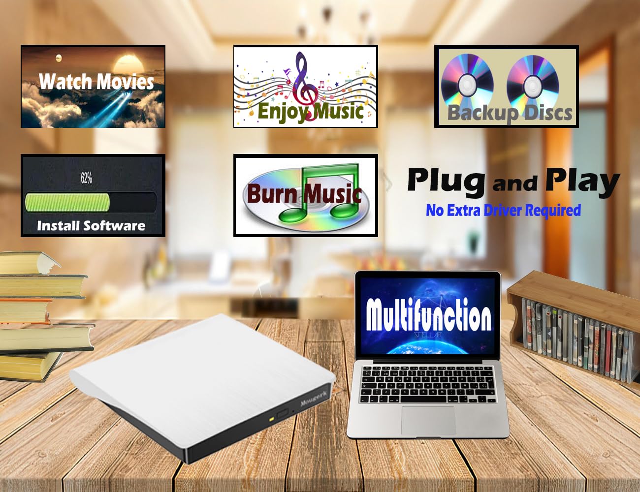 Mougerk Mougerk Portable External DVD Drive Type-C USB 3.0 CD Player for Laptop MacBook Pro Desktops White - View 2 of 7