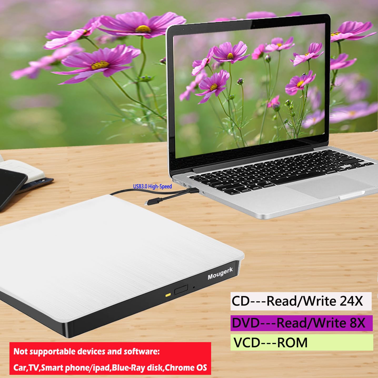 Mougerk Mougerk Portable External DVD Drive Type-C USB 3.0 CD Player for Laptop MacBook Pro Desktops White - View 3 of 7